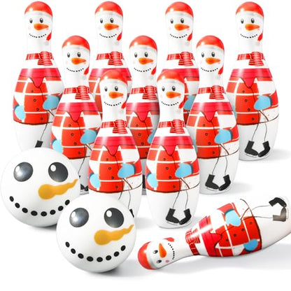 Libima 12 Pcs Christmas Bowling Set Santa Claus Snowman Bowling Set 10 Soft Foam Bowling Pins 2 Bowling Balls Set Toy Bowling Set for Game Indoor Outdoor Xmas Party Supplies - color: White, style: Snowman