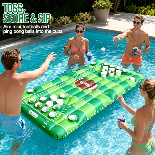 Football Pool Float & Inflatable Beer Pong Table - 6ft Heavy Duty Reversible Pool Floats for Adults, Complete Game Set for Party, Lake & Tailgate, Includes Balls, Cups, Pump, Stakes & Bag - color: Football