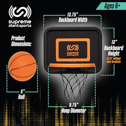 Supreme Silent Sports Basketball Hoop & Quiet Mini Ball | Indoor Premium Over the Door Hoop, Noise Dampening Rim & Soft Backboard with Net, Kids Toys & Games, Gift for Teen Boys & Girls, 6+ Year Olds
