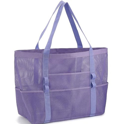 GYEUKHAM Mesh Beach Bag for Women, Sand-Resistant Pool Tote, 9 Pockets (1 Inner Zip), Foldable Family Travel Essentials - color: L-purple