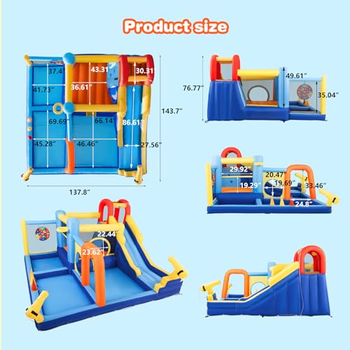 JOYLDIAS Inflatable Water Slide,Water Park Bounce House,Slide Bouncer Castle Playhouse w/Splash Pool, Climbing Wall, Trampoline，Felt Ball Target, Ring Toss Game for Kids Outdoor Fun, 550W Air Blower - color: Multicolor