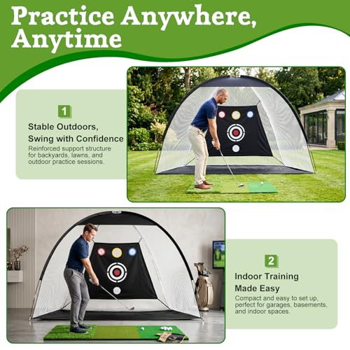 Golf Net - Upgraded All-in-One 10x7ft Golf Practice Net with 5 Real Balls, Tri-Turf Mat and Portable Bag, Durable Hitting Nets for Backyard Driving Swing Outdoor - style: Black/White-Pro