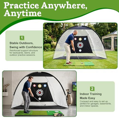 Golf Net - Upgraded All-in-One 10x7ft Golf Practice Net with 5 Real Balls, Tri-Turf Mat and Portable Bag, Durable Hitting Nets for Backyard Driving Swing Outdoor - style: Black/White-Pro