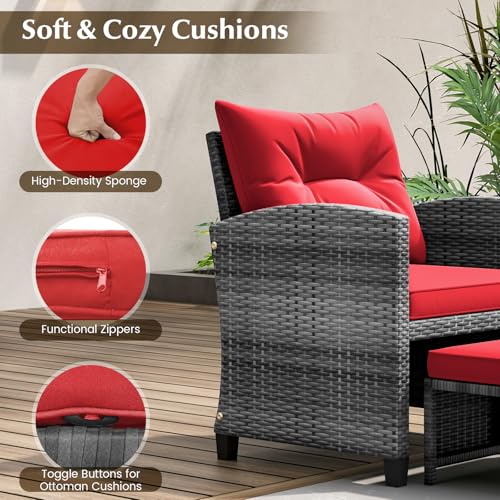 Tangkula 5 Pieces Patio Conversation Set, PE Wicker Rattan Outdoor Furniture Set with 2 Chairs, 2 Ottomans & Tempered Glass Coffee Table, Ideal for Poolside, Backyard, Lawn, Deck, Mix Grey & Red - color: Mix Grey & Red