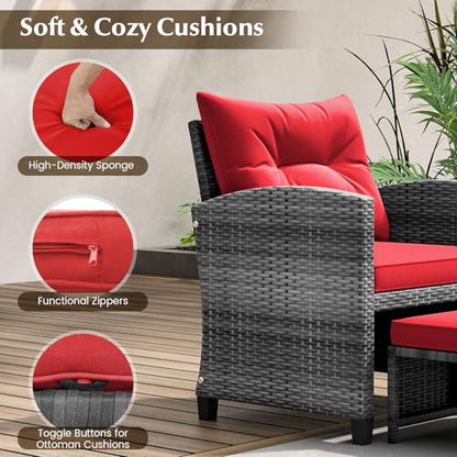 Tangkula 5 Pieces Patio Conversation Set, PE Wicker Rattan Outdoor Furniture Set with 2 Chairs, 2 Ottomans & Tempered Glass Coffee Table, Ideal for Poolside, Backyard, Lawn, Deck, Mix Grey & Red - color: Mix Grey & Red
