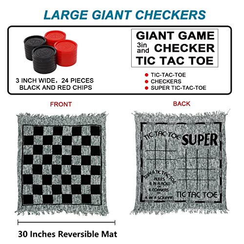 Win SPORTS 3 in 1 Giant Checkers,Mega Tic Tac Toe,Indoor Outdoor Jumbo Classic Board Games,30”Reversible Rug with 24 Checkers Pieces,Checkers Cloth Mat Game for Travel,Family Party,BBQ - style: Winter