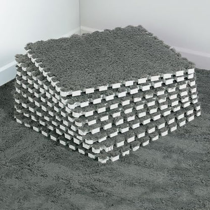 12 pcs Thickened Plush Foam Interlocking Floor Mat, Interlocking Foam Tiles with Edgings for Kids, Soft Anti-Slip Puzzle Area Square Rug Playmat for Children Room Bedroom(11.8", Gray) - color: Grey