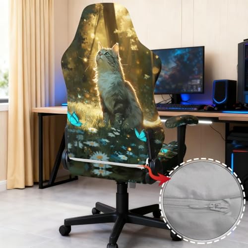Gaming Chair Slip Cover Set 4Pc/Set Cat Butterfly Print Stretchy Machine Washable Computer Chair Seat Slipcovers with Armrest Covers Universal Fit Office Desk & Racing Computer Gamer Chairs - color: Green and Yellow - Cat Butterfly