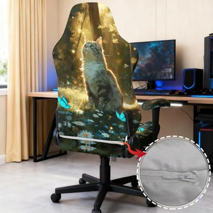 Gaming Chair Slip Cover Set 4Pc/Set Cat Butterfly Print Stretchy Machine Washable Computer Chair Seat Slipcovers with Armrest Covers Universal Fit Office Desk & Racing Computer Gamer Chairs - color: Green and Yellow - Cat Butterfly