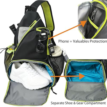 Pickleball Sling Bag with Shoe Compartment - Crossbody Backpack Fits 2 Paddles, 32oz Bottle & Fence Hook, Sports Bag for Men & Women (Shoe Limit: up to US Men's 10 / Women's 11.5) - color: Black/Neon Green