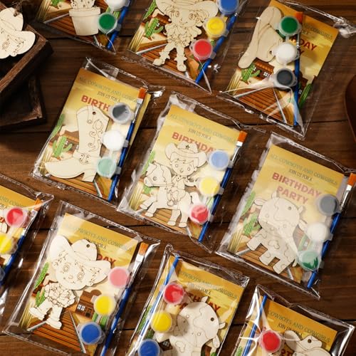 Saypacck 24 Pcs Western Cowboy Party Favors Wooden Painting Craft Kits Birthday Party Supplies with Organza Bag for Goodie Bags Fillers Adult Thank You Gifts - style: Western Cowboy