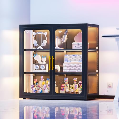 34" Display Cabinet with Glass Doors, 4-Tier Curio Cabinet with Many Color Lights for Collectibles, Glass Display Case, Bookcase with 4 Shelves, Storage Cabinets, Black - color: Black, size: 34''H+Led