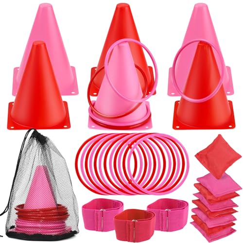 33pcs 4 in 1 Valentines Day Games for Kids with Ring Toss, Plastic Cones, Bean Bags, 3-Legged Race Bands, Carnival Valentine's Games Activity Combo Set for Kids Classroom Indoor Outdoor Party Yard - color: Valentine's Pink