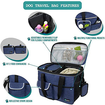 PetAmi Dog Travel Bag Organizer, Pet Travel Kit with 2 Food Containers & 2 Collapsible Dog Bowls, Pet Supplies Tote with Luggage Sleeve, Weekend Road Trip Camping Essentials, Navy Blue, Medium - color: Navy, size: Medium - 14.5"L x 8"W x 12.0"H