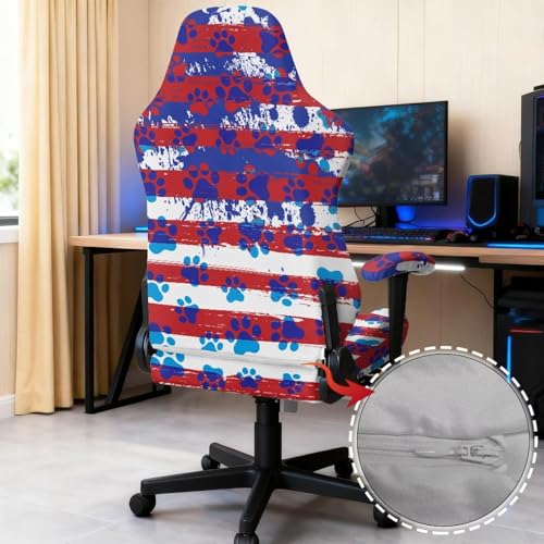 American Flag Paw Print Computer Chair Cover Universal Fit Office Armchair Covers Stretchable with 2Pcs Armrest Slipcover Spandex Rotating Gaming Chair Covers Protector with Long Zipper - color: American Flag Paw Print