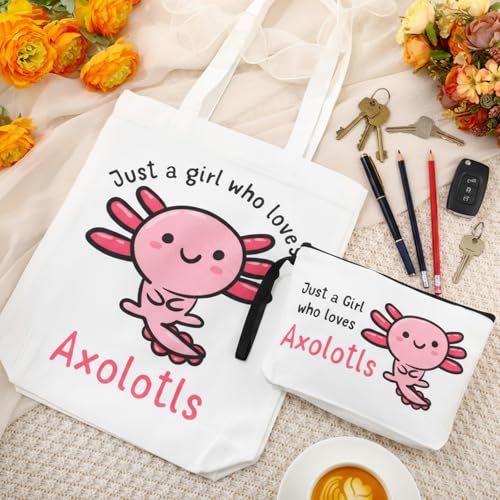 Sieral 2 Pcs Animal Lover Bag Gift for Women Travel Canvas Tote Portable Zipper Pouch Canvas Reusable Grocery Tote - style: Axolotl