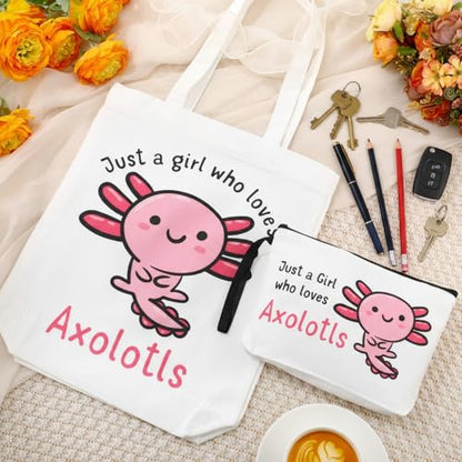 Sieral 2 Pcs Animal Lover Bag Gift for Women Travel Canvas Tote Portable Zipper Pouch Canvas Reusable Grocery Tote - style: Axolotl