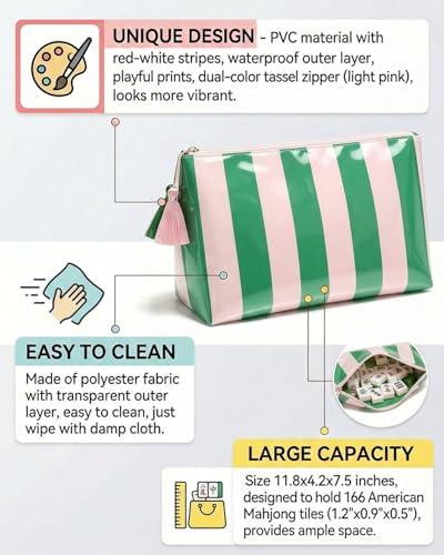 LETGO Green Pink Striped Waterproof PVC Beach Makeup Bag with Tassel Zipper, Large Preppy Coastal Summer Beach Vacation Travel Toiletry Cosmetic Pouch for Women(Green Pink) - color: Green Pink