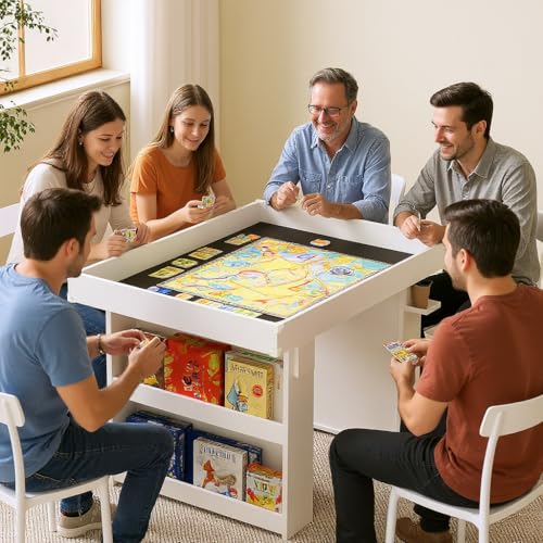 Gaming & Dining Table with Removable Top & PU Leather Mat, Board Game Table for 4-6 Players, Side Storage Shelves & Cup Holders, Corner Protectors, for Card Games, DND, Poker & Building Blocks - color: White Oak