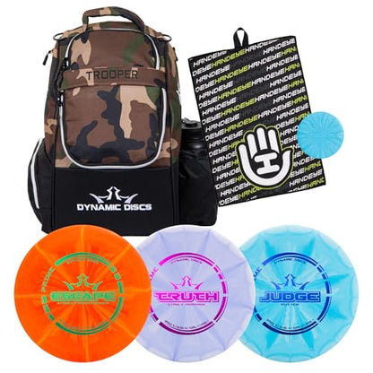 Dynamic Discs Trooper Disc Golf Backpack Starter Set | Prime Disc Golf Set of 3 – Judge, Truth & Escape | Prime Burst Base Plastic | Ideal for Beginners & Recreational Players - color: Woodland Camo