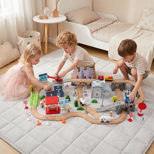 Costzon 110-Piece Wooden Train Table with Drawer for 3+ Years Old Toddlers | 3-in-1 Kids Activity Play Set w/ Reversible Tabletop, Storage Space, Train Tracks, Figures, Vehicles, and Buildings - size: 42" x 25" x 16" (L x W x H)