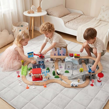 Costzon 110-Piece Wooden Train Table with Drawer for 3+ Years Old Toddlers | 3-in-1 Kids Activity Play Set w/ Reversible Tabletop, Storage Space, Train Tracks, Figures, Vehicles, and Buildings - size: 42" x 25" x 16" (L x W x H)