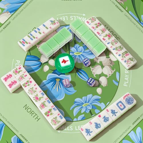 Jolitac American Mahjong Tile Set with 166 Tiles, 1.2-Inch Tiles & Accessories, Mahjong Gift Set with 3 Blue Dice and Mahjong Tile Bag, Portable Travel Game for Adults, Family Night, Gift (No Rack) - color: Green