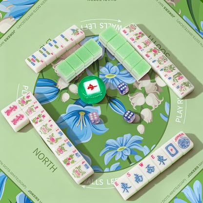 Jolitac American Mahjong Tile Set with 166 Tiles, 1.2-Inch Tiles & Accessories, Mahjong Gift Set with 3 Blue Dice and Mahjong Tile Bag, Portable Travel Game for Adults, Family Night, Gift (No Rack) - color: Green