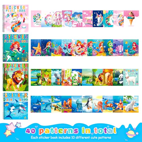 homicozy 4PCS Sticker Paint Books for Kids Ages 4-10,Unicorn Mermaid Animals Designs Paint By Stickers,Sticker By Numbers,Party Birthday Gifts for Girls 4-10,Create 40 Pictures One Stickers at A Time - style: Style1-4PCS