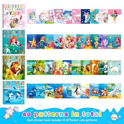 homicozy 4PCS Sticker Paint Books for Kids Ages 4-10,Unicorn Mermaid Animals Designs Paint By Stickers,Sticker By Numbers,Party Birthday Gifts for Girls 4-10,Create 40 Pictures One Stickers at A Time - style: Style1-4PCS