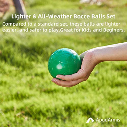ApudArmis 100mm Bocce Balls Set, Lighter Outdoor Bocce Game for Backyard/Lawn/Beach - Set of 8 Soft PE Balls & 1 Pallino & Nylon Carrying Case & Measuring Tape for Teens Beginners - size: 100mm Regulation Size