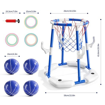 Sitodier Pool Basketball Hoop for Kids, 2-in-1 Floating Pool Water Play Toys and Ring Game with 4 Balls and Pump, Outdoor Summer Swimming Pool Basketball Games Family Party for Kids Adults (Blue)