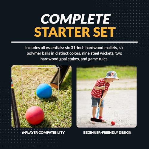 Hathaway Deluxe 6-Player Croquet Set for Adults, Kids & Families – Includes Durable Hardwood Mallets & Handles, Chip-Resistant Croquet Balls, Steel Wickets, Nylon Carrying Bag - 33.5"L x 9"W x 2.75"H