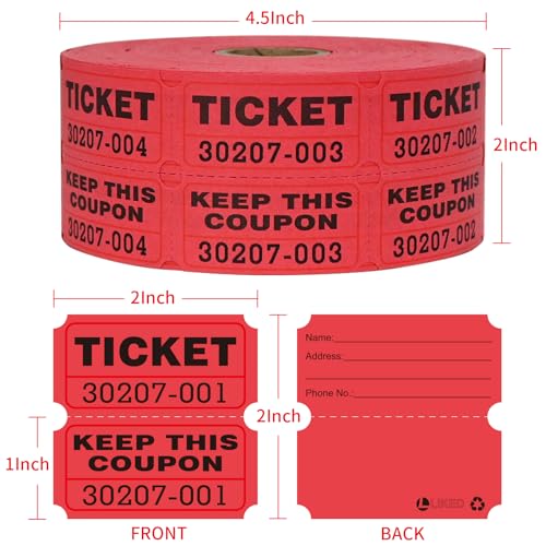 L LIKED Raffle Tickets Double Rolls 1000 Per Roll 50/50 Raffle Tickets for Events,Carnivals, Entry, Class Reward, Prizes(Red) - color: 1000 Red