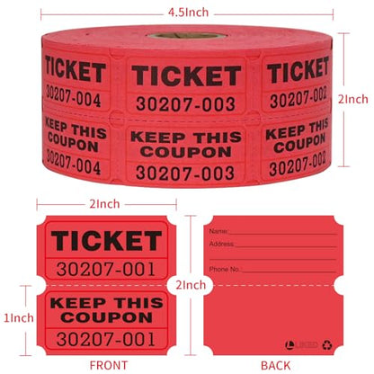 L LIKED Raffle Tickets Double Rolls 1000 Per Roll 50/50 Raffle Tickets for Events,Carnivals, Entry, Class Reward, Prizes(Red) - color: 1000 Red