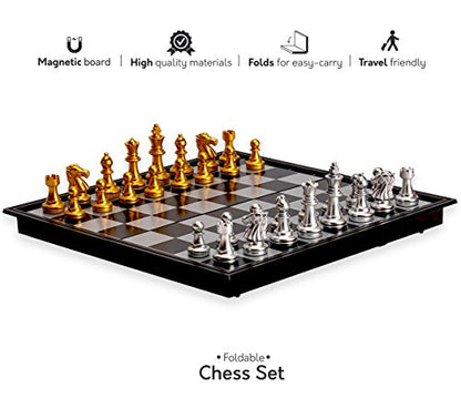 Magnetic Travel Chess Set Game with Folding Board Portable and Storage Compartment – Great Travel Toy Set by Big Mo’s Toys 9.7"