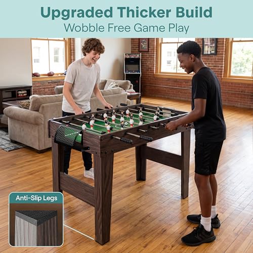 SereneLife 48in Foosball Table, Competition Size Soccer Game Table for Kids and Adults, Home Game Room Arcade Set, Leveling Legs, Engineered Wood, Chrome Steel Rods, 2 Balls, 2 Cup Holders - color: D) Brown