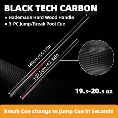 CROWN ME Carbon Fiber 3-Piece Jump Break Cue Stick with 13mm Phenolic Tip - Professional 55" Pool Billiard Equipment
