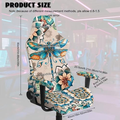 Dragonfly Print Gaming Chair Covers with Armrest Covers Boho Flower Print Computer & Gaming Chair Slipcover Universal Fit Office Desk & Racing Computer Gamer Chairs - color: Brown and Green - Dragonfly Boho Flower