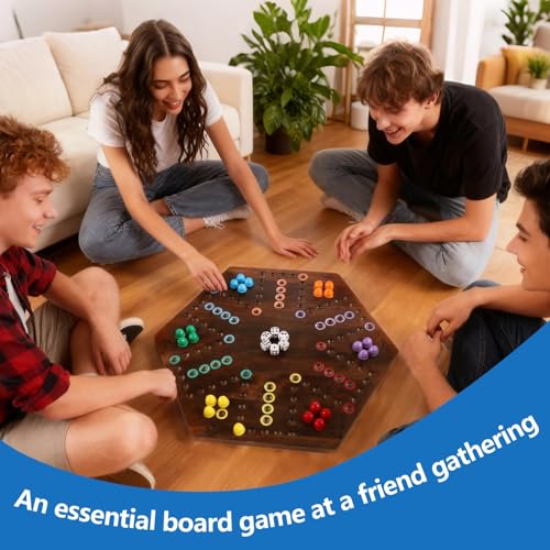 Large Size 20 inches Wood Wahoo Marble Board Game 2 Sided Game 4-6 Player for Friends and Family Party, Classic Wahoo Style Strategy Racing Game with 6 Dices,30 Marbles (Rustic Brown) - color: Large, Rustic Brown
