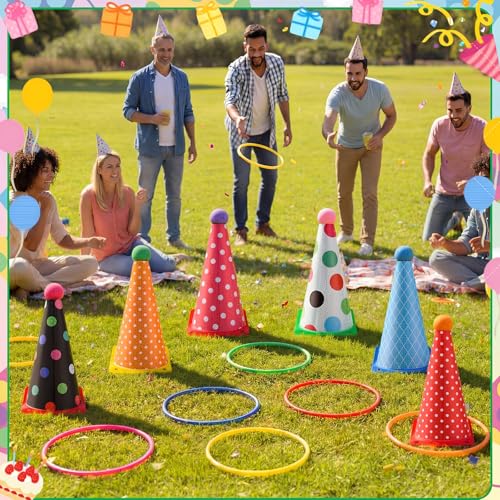 Seenelling 24 Pcs Plastic Ring Toss Game, Birthday Party Game 6 Birthday Hat Cones and 18 Colorful Rings Outdoor Sport Toss Toys Backyard Lawn Cone and Ring for Family Party Activities