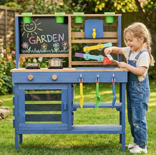 Wooden Outdoor Mud Kitchen for Kids, Pretend Play Kitchen Playset with Removable Sink, Faucet, Stove Top, Planting Area & Cooking Accessories, Toddler Gift for Boys Girls Ages 3+ (Blue) - color: Blue