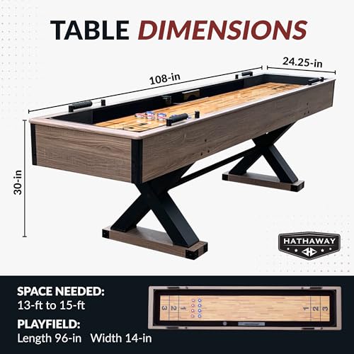Hathaway Excalibur 9-Ft Shuffleboard Table for Great for Family Recreation Game Rooms, Designed with a Rustic Driftwood Finish with Built-In Leg Levelers, Includes 8 Pucks, Table Brush and Wax