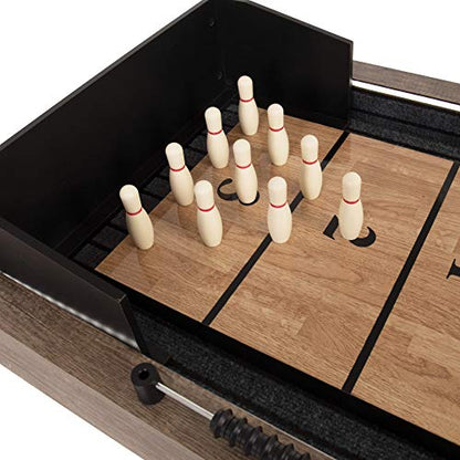 American Legend Kirkwood 9’ Shuffleboard Table with LED Rails, Bowling Game Set, Rustic Wood Finish & Accessories Included