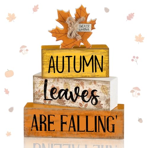 Lineshading 4 Pcs Fall Decoration for Home Wooden Maple Leaf Thanksgiving Table Centerpiece Rustic Thanksgiving Tiered Tray Decor Decorative Autumn Leaves Block Sign Farmhouse Autumn Decor for Kitchen - style: Autumn Leaves