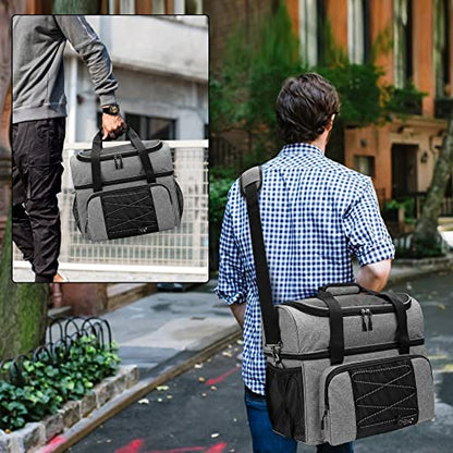 DSLEAF Bowling Bag for 2 Balls, Bowling Tote with Wooden Bowling Cups and Padded Divider for Double Ball and A Pair of Bowling Shoes Up to Mens 16 and Extra Essentials (Patent Design), Bag Only - color: grey