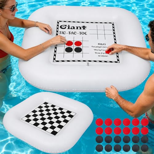 3-in-1 Pool Games Set Inflatable Giant Tic Tac Toe Checkers Board Game with 24 Chips 3.48Ft Double-Sided Foldable Float Water Toys Outdoor Play for Summer Swimming Pool Family Reunion Party