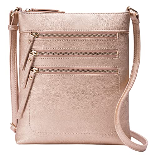 Solene Crossbody Bag Functional Multi Pocket Messenger Purse Top Zip Closure Shoulder Handbag With Adjustable Strap - color: Rose Gold