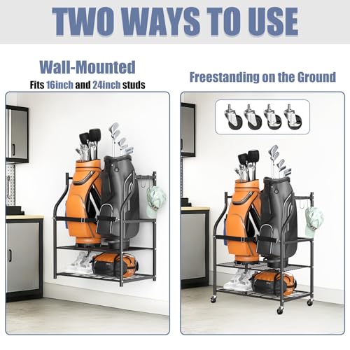 WALMANN Wall-Mounted Golf Bag Organizer, Rolling Storage Rack for 2 Golf Bags with Accessories Shelf for Garage
