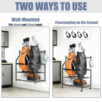 WALMANN Wall-Mounted Golf Bag Organizer, Rolling Storage Rack for 2 Golf Bags with Accessories Shelf for Garage